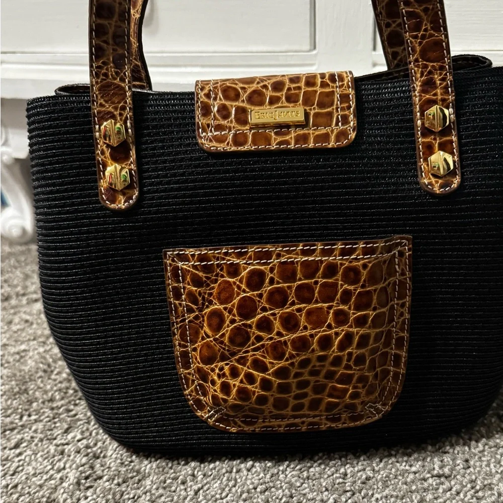 Eric Javits Black Island Tote Bag with Brown Croc-Trim and Gold Hardware - Picture 3 of 12